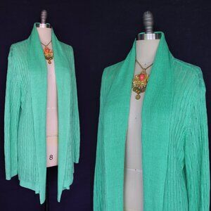 Ralph Lauren LAUREN green linen cable knit waterfall Cardigan dress sweater XL